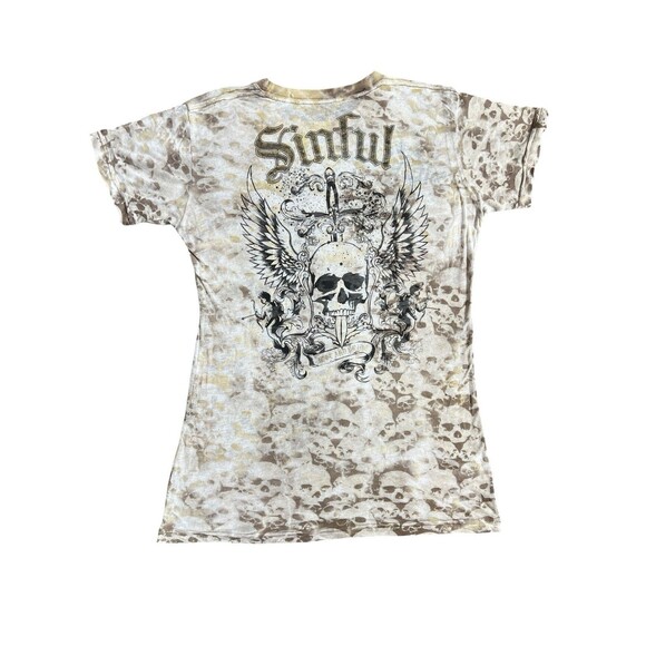 Sinful T-Shirt Womens Brown Y2K Skull Wings Transparent Grunge Distressed HTF - Picture 6 of 12